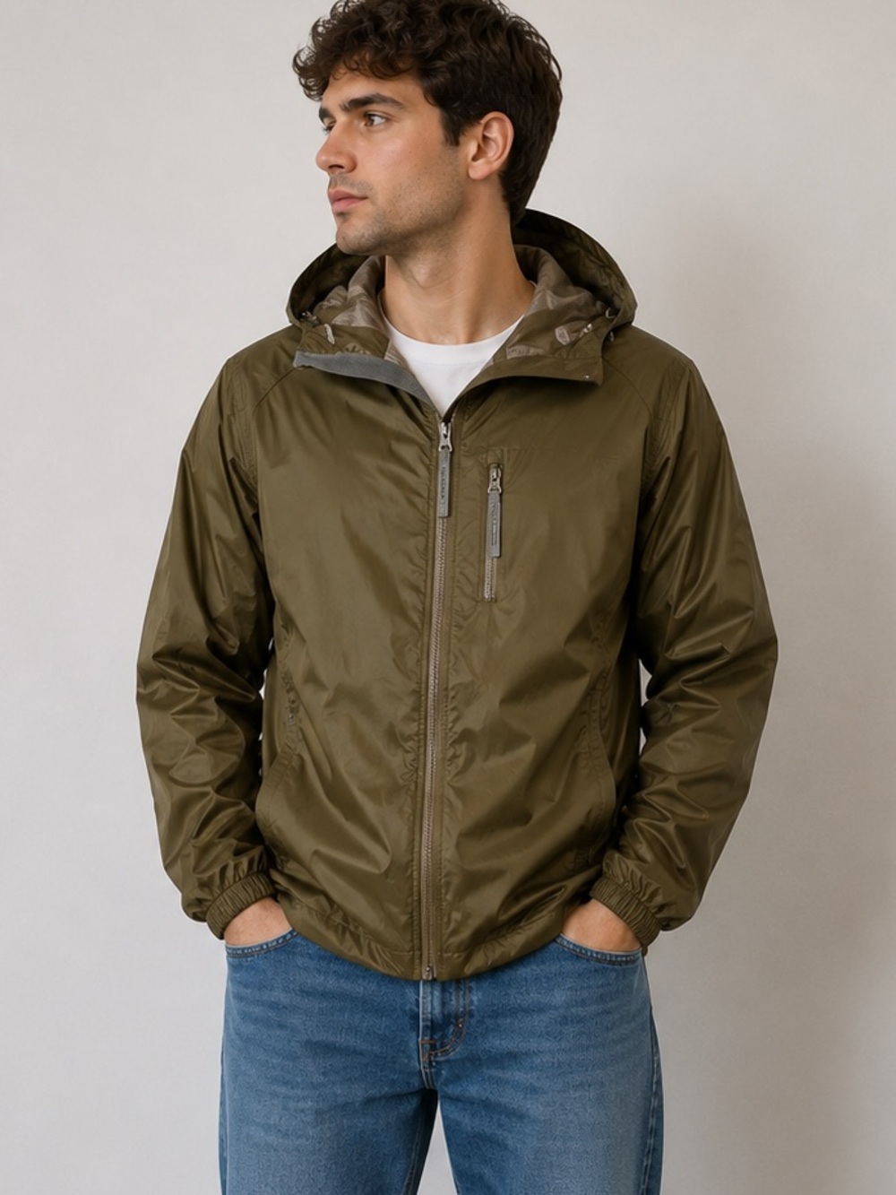 Bass Pro Shop Mens Nylon Jacket Green Hooded Rain Coat Size Medium